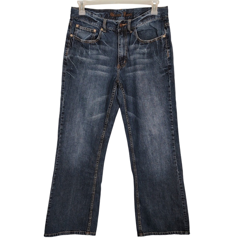 Guess Jeans Mens 32 Dark Wash Straight Leg Distressed Whiskered XP73F074 Denim